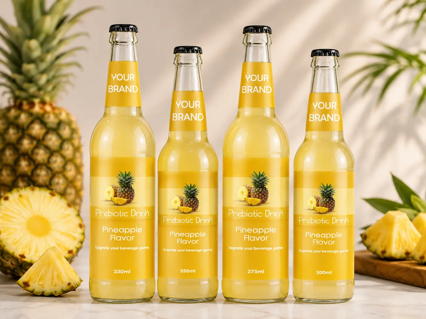 PREBIOTIC DRINK Pineapple Flavor 330ml, 250ml, 275ml and 200ml glass bottles.